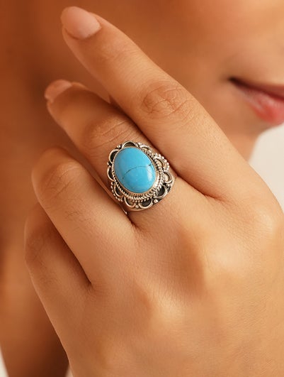 Women Silver Adjustable Oxidized Silver Sterling Silver, Turquoise Ring