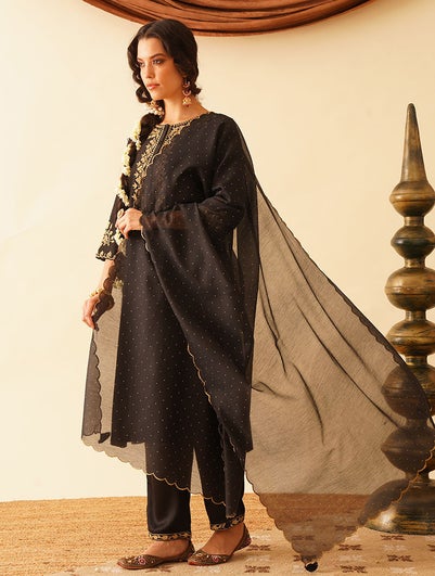 Women Black Cotton Silk Khadi Collection Dupatta