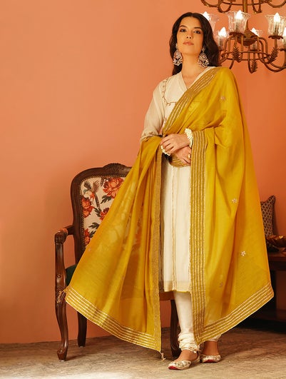 Women Mustard Yellow Cotton Silk Gota Patti Collection Dupatta