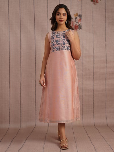 Women Pink Cotton Silk Embroidered Round Neck Regular Fit Dress - S