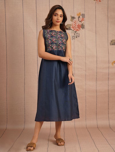 Women Indigo Blue Cotton Silk Embroidered Round Neck Regular Fit Dress - XS