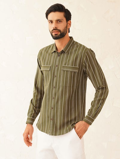 Men Green Cotton Self Design Shirt Collar Regular Fit Shirt - 40