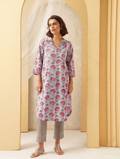 Women Blue Cotton Block Print Collar Neck Regular Fit Kurta - XS