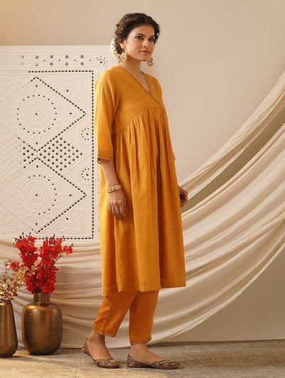 Women Mustard Yellow Embroidered V Neck A Line Kurta With Pant - L