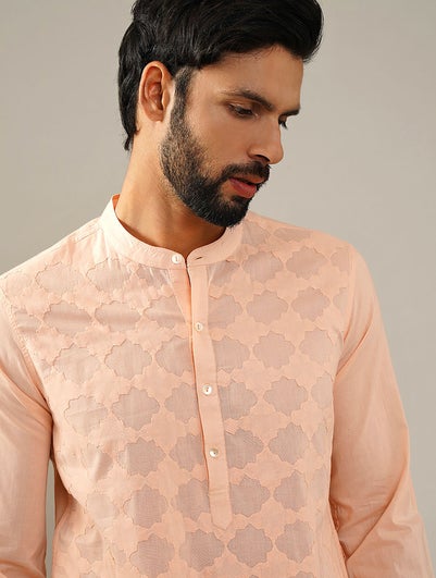 Men Peach Orange Cotton Applique Mandarin Collar Straight Fit Kurta - S