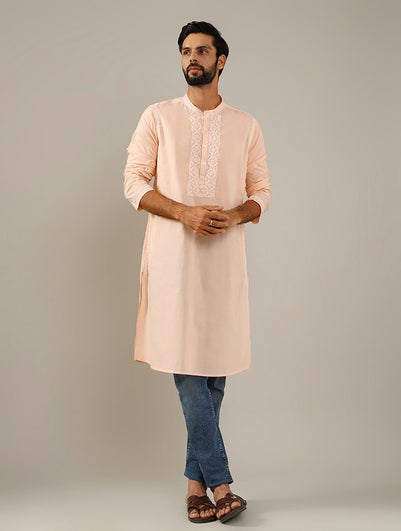 Men Peach Orange Cotton Chikankari Mandarin Collar Straight Fit Kurta - S