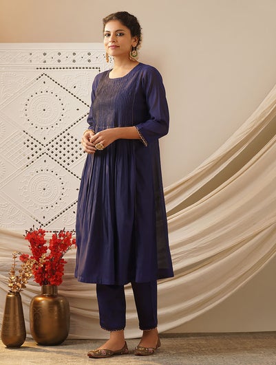 Women Wine Purple Cotton Silk Embroidered Round Neck A Line Kurta , Slip & Pant - L