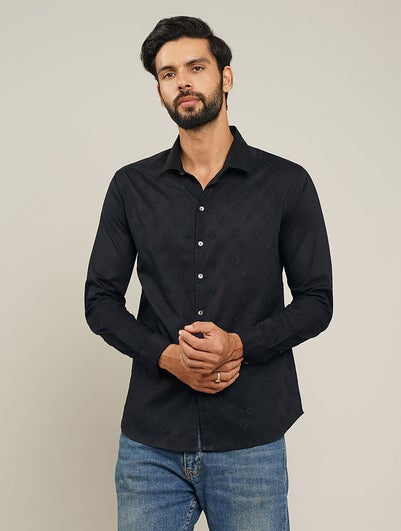 Men Black Cotton Embroidered Shirt Collar Regular Fit Shirt - S