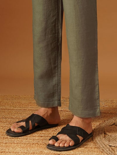 Men Olive Green Linen Solid Ankle Length Straight Fit Pant - XL