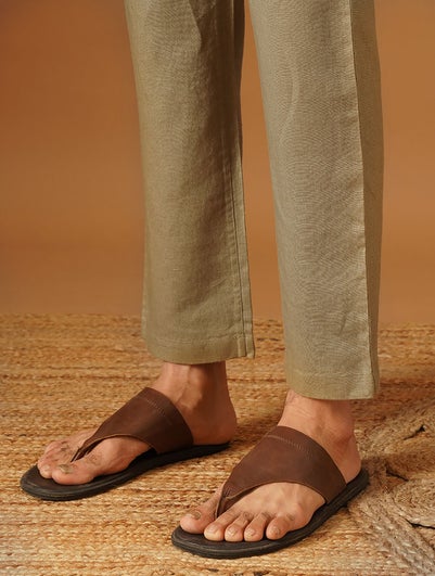 Men Beige Brown Linen Solid Ankle Length Straight Fit Pant - XL