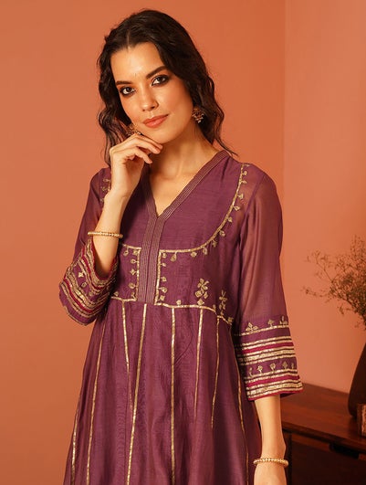 Women Wine Purple Cotton Silk Gota Patti V Neck Anarkali Kurta , Slip & Churidar - XS