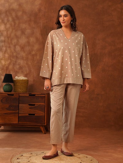 Women Nude Brown Cotton Polka Dots V Neck Loose Fit Top - S-M