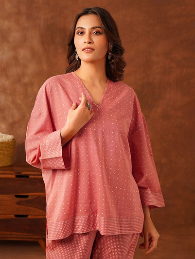 Women Pink Cotton Polka Dots V Neck Loose Fit Top - S-M