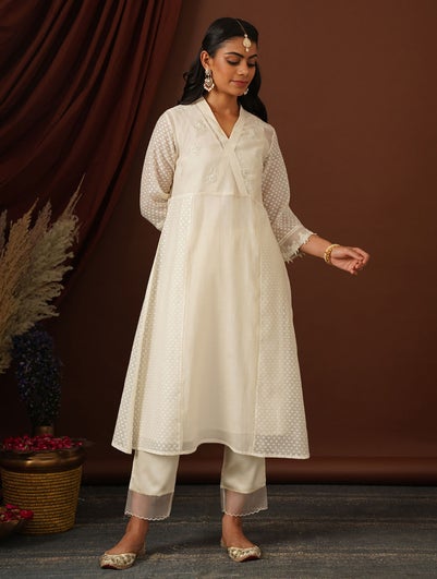 Women Ivory Cotton Silk Embroidered V Neck A Line Kurta , Slip & Pant - M