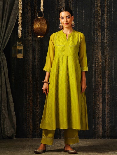 Women Green Cotton Silk Block Print Mandarin Collar Anarkali Kurta And Slip - S