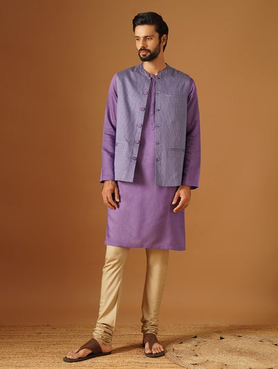 Men Purple Silk Viscose Mandarin Collar Regular Fit Nehru Jacket - 38