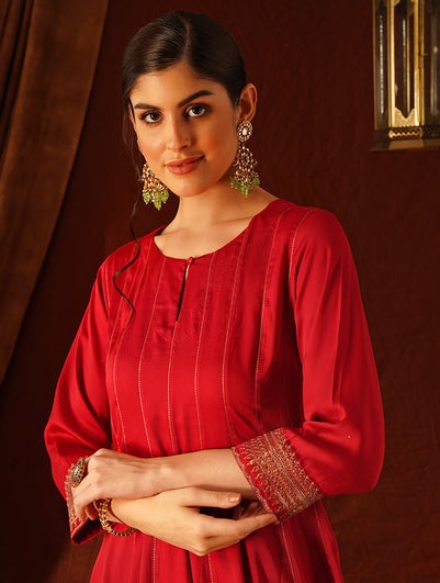 Women Red Embroidered Round Neck Anarkali Kurta With Churidar - M