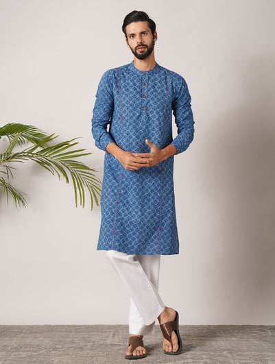 Men Indigo Blue Cotton Dabu Round Neck Regular Fit Kurta - 44