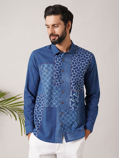 Men Indigo Blue Cotton Printed Collar Neck Regular Fit Shirt - 40