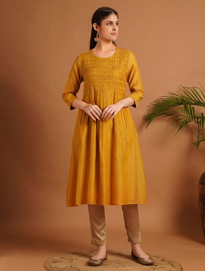 Women Mustard Yellow Silk Cotton Round Neck Flared Kurta - S