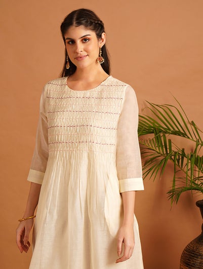 Women Ivory Silk Cotton Round Neck Flared Kurta - XS