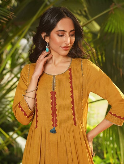 Women Mustard Yellow Cotton Applique Round Neck Flared Kurta - S