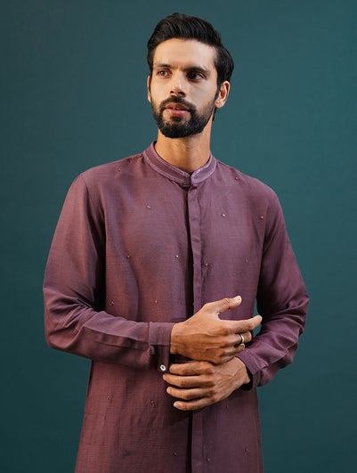 Men Wine Purple Viscose Linen Mandarin Collar Regular Fit Kurta - 42