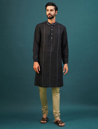 Men Black Viscose Linen Mandarin Collar Regular Fit Kurta - 42