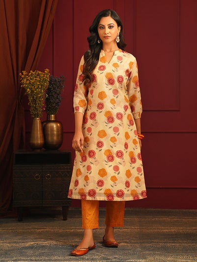 Women Multicolour Cotton Silk Block Print Mandarin Collar Straight Fit Kurta - XL