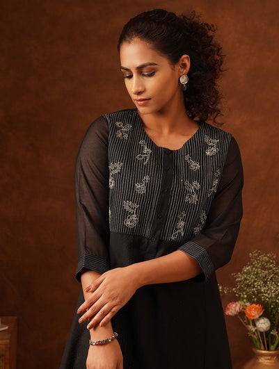 Women Black Cotton Silk Embroidered Round Neck Flared Kurta And Slip - XS