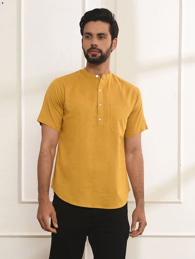 Men Mustard Yellow Cotton Mandarin Collar Regular Fit Kurta - 38