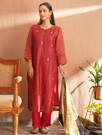 Women Red Cotton Silk Embroidered Round Neck Straight Kurta With Pant - L