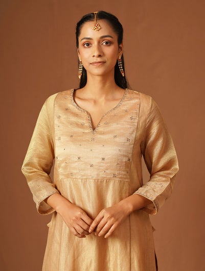 Women Nude Brown Cotton Silk Embroidered Round Neck Straight Kurta With Pant - M