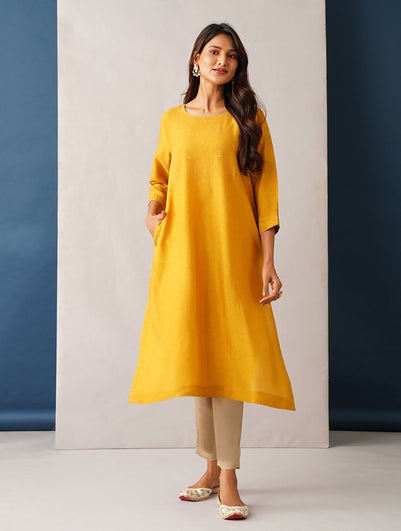 Women Mustard Yellow Viscose Kantha Round Neck Straight Fit Kurta - XS