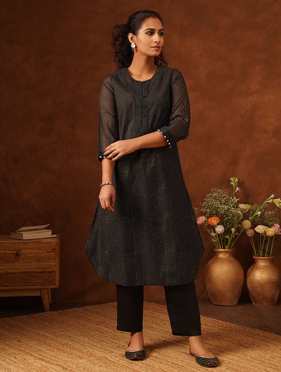 Women Black Cotton Silk Printed Round Neck A Line Kurta And Slip - XS