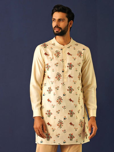 Men Ivory Silk Viscose Mandarin Collar Regular Fit Kurta - 42