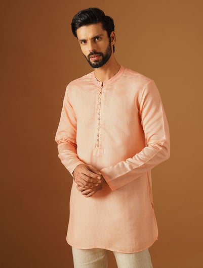 Men Peach Orange Silk Viscose Round Neck Regular Fit Kurta - 38