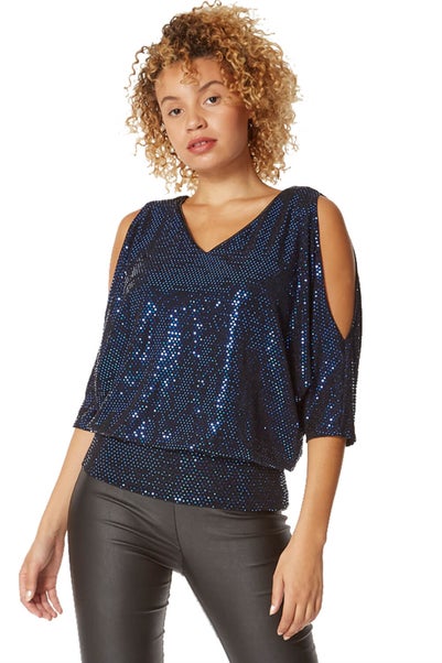 Roman Navy Split Sleeve Sequin Blouson Top