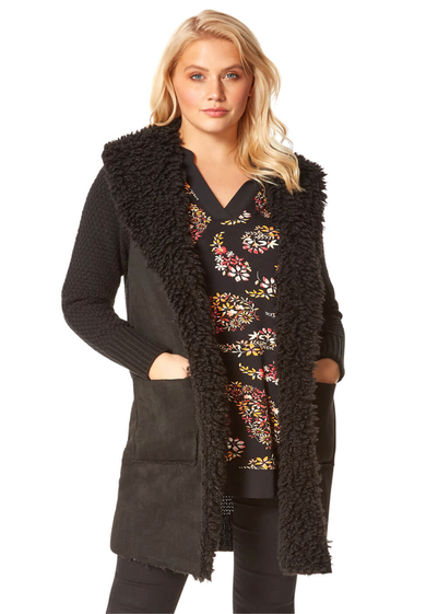 Roman Black Longline Faux Shearling Knit Coatigan