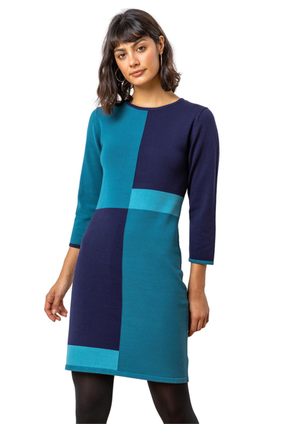 Roman Blue Colour Block Knitted Dress