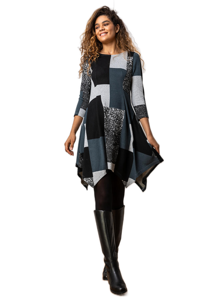 Roman Grey Patchwork Print Hanky Hem Dress