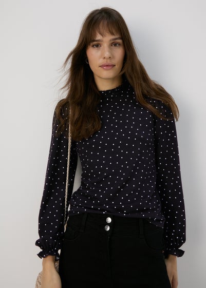 Black Spotted Piecrust Collar Jersey Top - Size 16