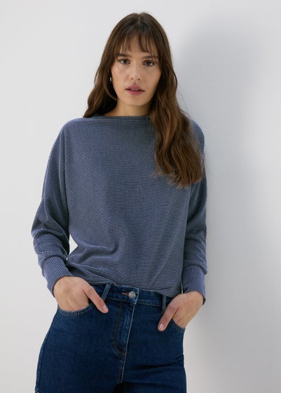 Papaya Blue Denim Look Ribbed Dolman Top