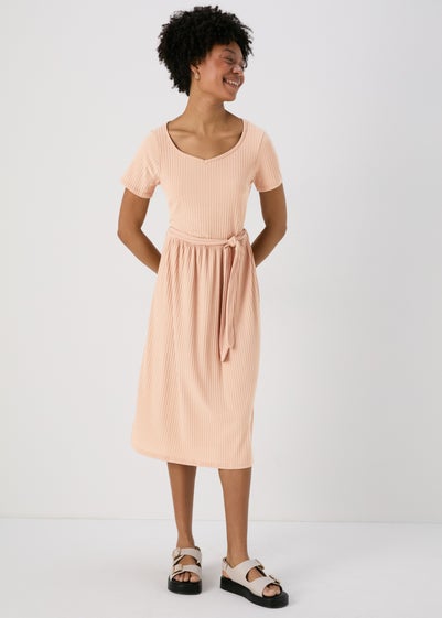 Camel Belted Ribbed Midi Dress