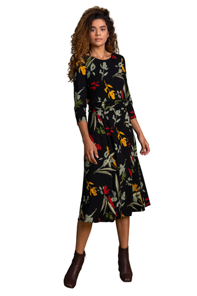 Roman Black Floral Print Gathered Waist Dress