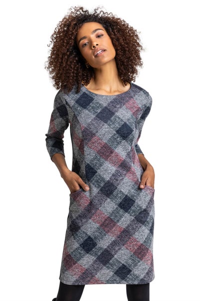 Roman Grey Check Pocket Shift Dress