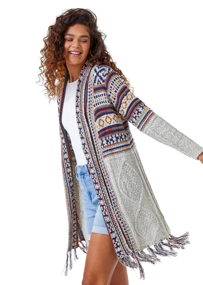 Roman Natural Aztec Print Tassel Hem Longline Cardigan