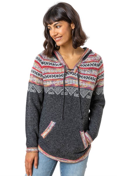 Roman Charcoal Nordic Print Hooded V-Neck Jumper