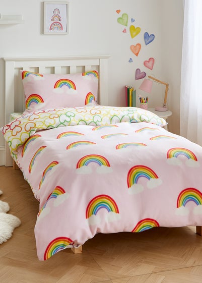 Catherine Lansfield Rainbow Hearts Cosy Fleece Reversible Duvet Cover Set