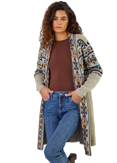 Roman Natural Nordic Patterned Longline Cardigan